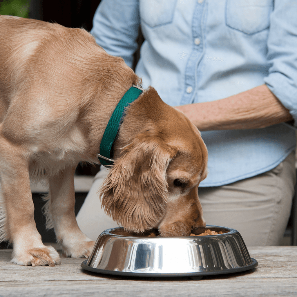 A pet sitter stands behind a dog that stands on a wooden table as it finishes his meal which contains pet medication.