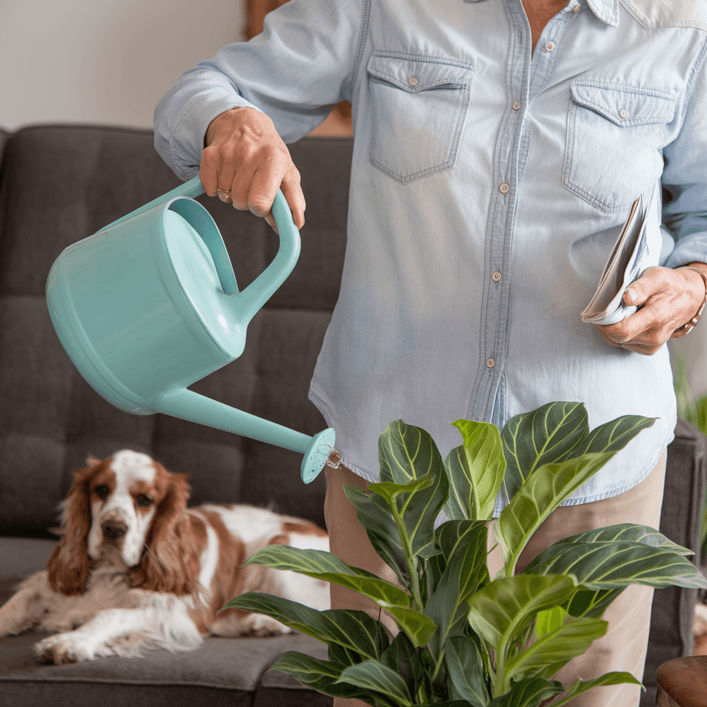 A pet sitter waters a healthy plant as a cocker spaniel sits on a couch.