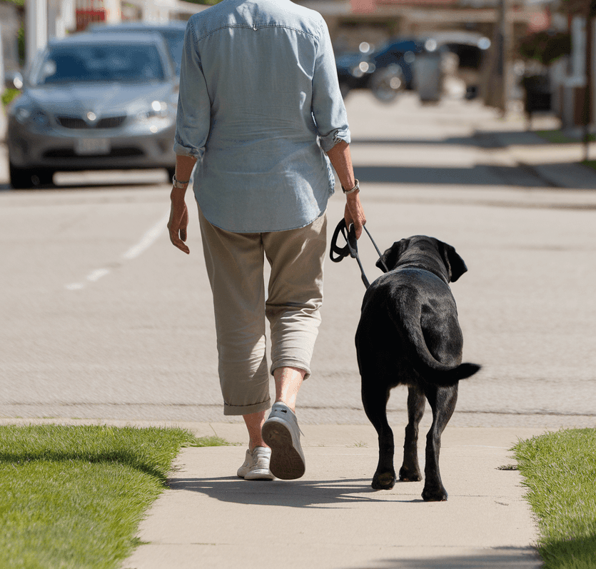 CJ's Pet Sitting walks your dog daily.  Here we see a black lab enjoying a walk.