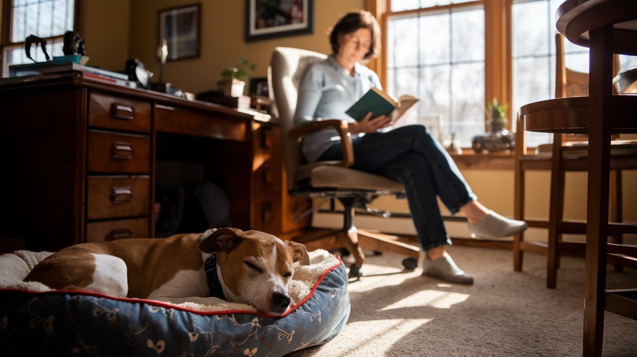 Senior dog sleeping peacefully in their own dog bed while brunette pet sitter in her 50s sits quietly reading a book, warm afternoon light through window, cozy home office setting, genuine documentary style photo, traditional Wisconsin home - typical doggy daycare in Oshkosh