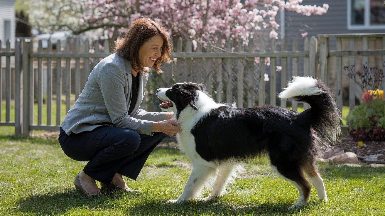 Brunette Pet sitter in her 50s kneeling in a fenced backyard with a border collie, playing fetch, professional casual attire, spring flowers in background, genuine interaction - depicting genuine authenticity of doggy daycare in Oshkosh